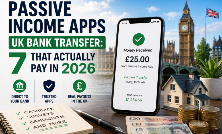 Passive income apps UK bank transfer showing UK bank payout, cashback apps and £ earnings in 2026