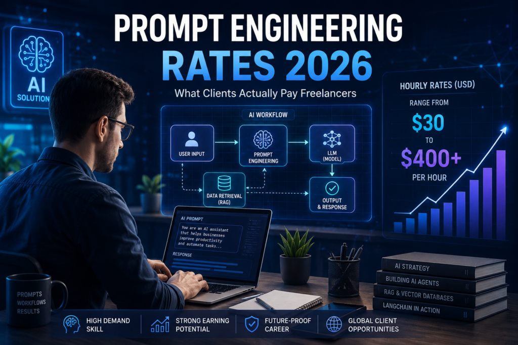 Freelance prompt engineering rates 2026 showing AI workflow, hourly pricing from $30 to $400+, and AI freelance career opportunities