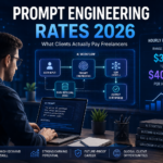 Freelance prompt engineering rates 2026 showing AI workflow, hourly pricing from $30 to $400+, and AI freelance career opportunities