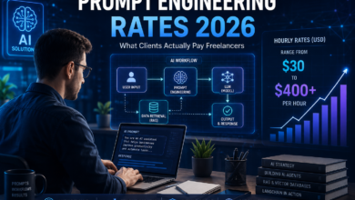 Freelance prompt engineering rates 2026 showing AI workflow, hourly pricing from $30 to $400+, and AI freelance career opportunities