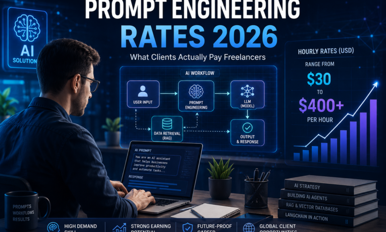 Freelance prompt engineering rates 2026 showing AI workflow, hourly pricing from $30 to $400+, and AI freelance career opportunities
