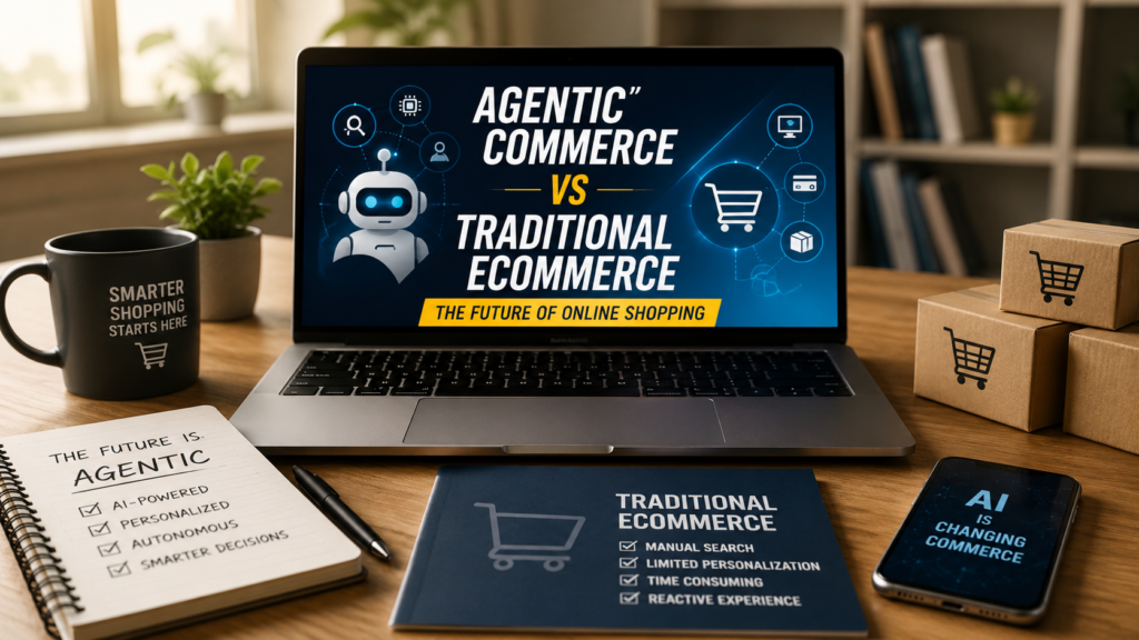 Agentic Commerce vs Traditional Ecommerce comparison showing AI-powered shopping and traditional online commerce