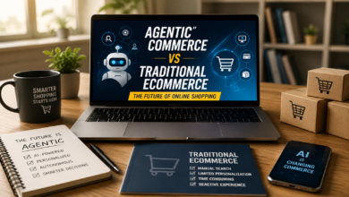 Agentic Commerce vs Traditional Ecommerce comparison showing AI-powered shopping and traditional online commerce