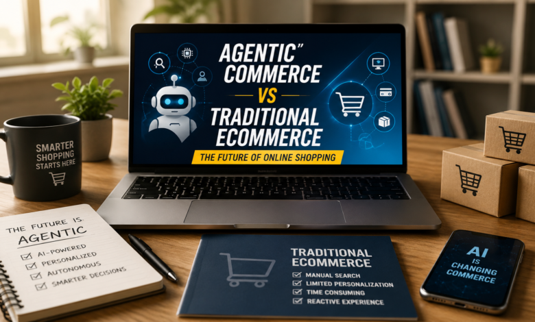 Agentic Commerce vs Traditional Ecommerce comparison showing AI-powered shopping and traditional online commerce