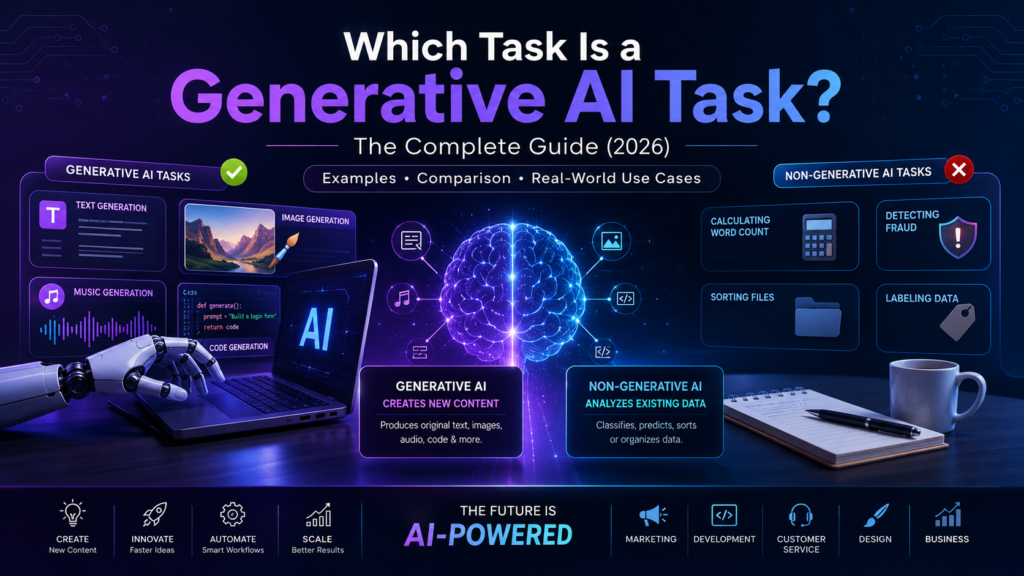 Which task is a generative AI task, showing generative AI examples like text, image, music, and code generation compared with non-generative AI tasks.