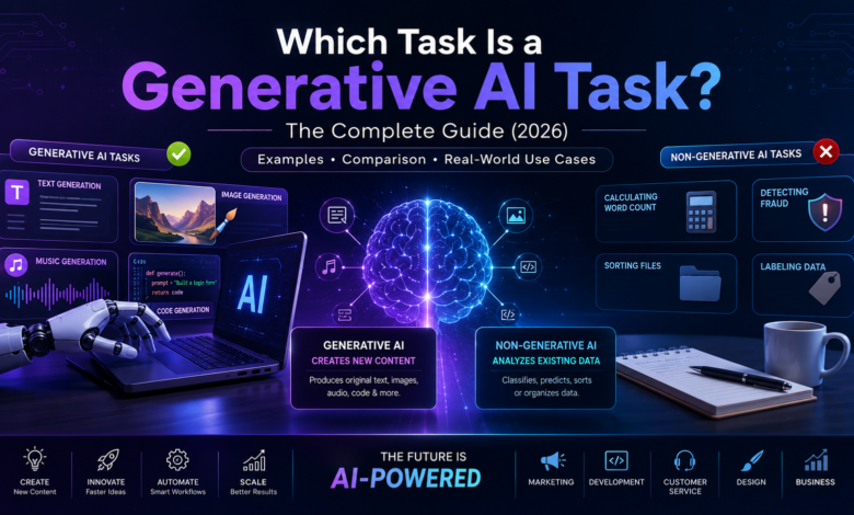 Which task is a generative AI task, showing generative AI examples like text, image, music, and code generation compared with non-generative AI tasks.