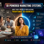 AI-powered marketing systems vs traditional ad agencies, showing modern AI marketing technology and advertising teams.