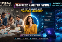 AI-powered marketing systems vs traditional ad agencies, showing modern AI marketing technology and advertising teams.