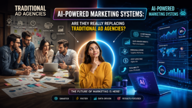 AI-powered marketing systems vs traditional ad agencies, showing modern AI marketing technology and advertising teams.