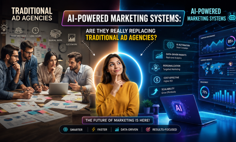 AI-powered marketing systems vs traditional ad agencies, showing modern AI marketing technology and advertising teams.