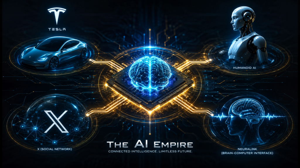 Diagram representing embodied AI, robotics, and neural connections within the Elon Musk technology ecosystem.