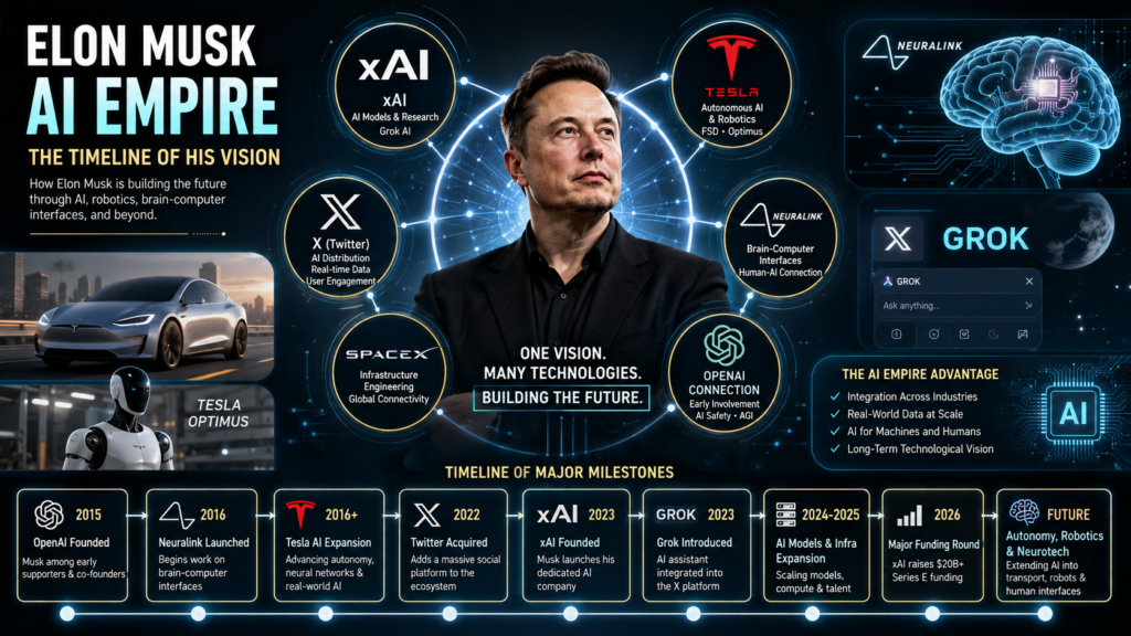 Elon Musk AI empire featuring xAI, Grok, Tesla AI and Neuralink