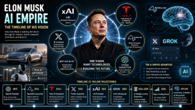 Elon Musk AI empire featuring xAI, Grok, Tesla AI and Neuralink