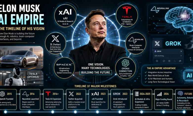 Elon Musk AI empire featuring xAI, Grok, Tesla AI and Neuralink