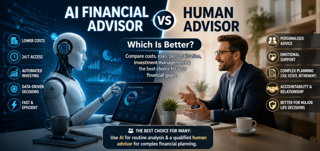 AI financial advisor vs human advisor comparison showing the benefits of AI and human financial advice