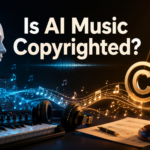Digital illustration about AI music copyright featuring a robot, musical waveforms, and legal scales