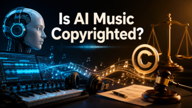 Digital illustration about AI music copyright featuring a robot, musical waveforms, and legal scales