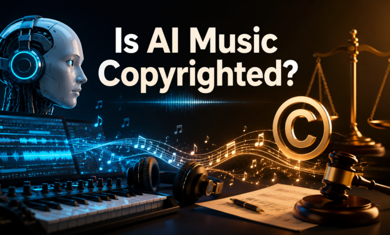 Digital illustration about AI music copyright featuring a robot, musical waveforms, and legal scales