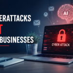 Laptop displaying a cyber attack warning next to text reading "AI Cyberattacks Hurt Small Businesses."