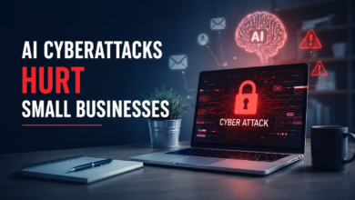 Laptop displaying a cyber attack warning next to text reading "AI Cyberattacks Hurt Small Businesses."