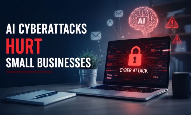 Laptop displaying a cyber attack warning next to text reading "AI Cyberattacks Hurt Small Businesses."