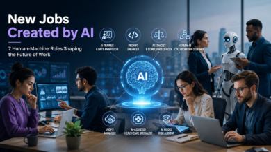 New jobs created by AI showing seven human-machine hybrid roles and future AI careers