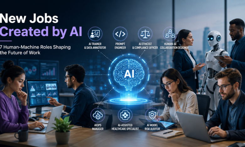 New jobs created by AI showing seven human-machine hybrid roles and future AI careers