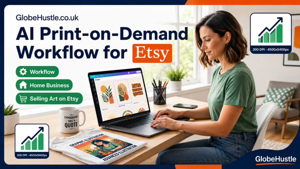 Professional workspace depicting the step-by-step AI Print-on-Demand workflow to design and sell high-resolution apparel and art prints on Etsy from home in 2026, including Midjourney design, upscaling to 300 DPI, and Printify fulfillment.