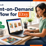 Professional workspace depicting the step-by-step AI Print-on-Demand workflow to design and sell high-resolution apparel and art prints on Etsy from home in 2026, including Midjourney design, upscaling to 300 DPI, and Printify fulfillment.