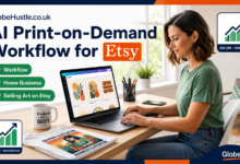 Professional workspace depicting the step-by-step AI Print-on-Demand workflow to design and sell high-resolution apparel and art prints on Etsy from home in 2026, including Midjourney design, upscaling to 300 DPI, and Printify fulfillment.