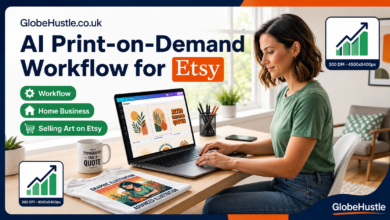 Professional workspace depicting the step-by-step AI Print-on-Demand workflow to design and sell high-resolution apparel and art prints on Etsy from home in 2026, including Midjourney design, upscaling to 300 DPI, and Printify fulfillment.