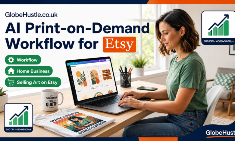 Professional workspace depicting the step-by-step AI Print-on-Demand workflow to design and sell high-resolution apparel and art prints on Etsy from home in 2026, including Midjourney design, upscaling to 300 DPI, and Printify fulfillment.