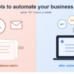 Best AI tools to automate small business admin - split illustration comparing a cluttered desk with a stressed clock to an organized laptop with ChatGPT, Zapier, Fireflies, Claude and Notion AI badges