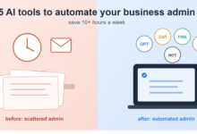Best AI tools to automate small business admin - split illustration comparing a cluttered desk with a stressed clock to an organized laptop with ChatGPT, Zapier, Fireflies, Claude and Notion AI badges