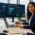 A strategist analyzing B2B SaaS SEO growth dashboards and competitor metrics on dual monitors.