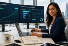A strategist analyzing B2B SaaS SEO growth dashboards and competitor metrics on dual monitors.