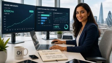 A strategist analyzing B2B SaaS SEO growth dashboards and competitor metrics on dual monitors.