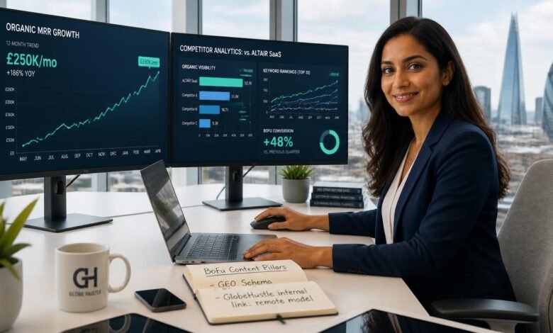 A strategist analyzing B2B SaaS SEO growth dashboards and competitor metrics on dual monitors.
