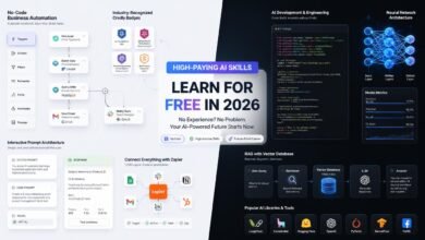 Split screen graphic comparing no-code AI automation workflows and technical AI development for high paying remote jobs in 2026