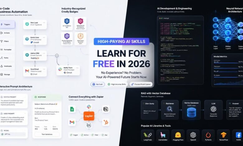 Split screen graphic comparing no-code AI automation workflows and technical AI development for high paying remote jobs in 2026