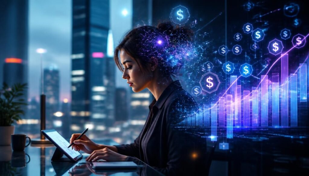 A freelancer working at a modern desk with glowing AI network overlays and rising financial growth charts, representing freelance income using AI tools in 2026.