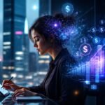 A freelancer working at a modern desk with glowing AI network overlays and rising financial growth charts, representing freelance income using AI tools in 2026.