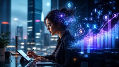 A freelancer working at a modern desk with glowing AI network overlays and rising financial growth charts, representing freelance income using AI tools in 2026.
