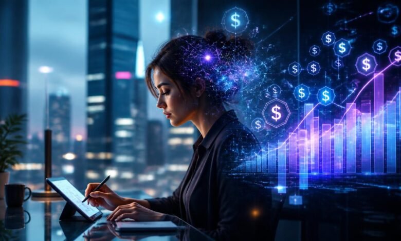 A freelancer working at a modern desk with glowing AI network overlays and rising financial growth charts, representing freelance income using AI tools in 2026.