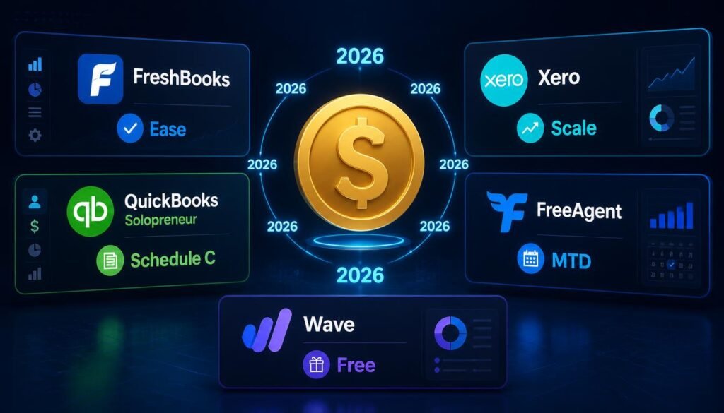 Modern digital bridge showing MTD VAT and Schedule C cloud tax compliance for freelancers.