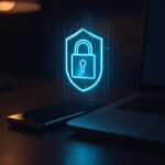 Laptop and PC screen glowing with a digital privacy shield, representing the best privacy-focused AI browsers for small business security.