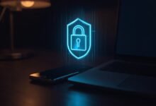 Laptop and PC screen glowing with a digital privacy shield, representing the best privacy-focused AI browsers for small business security.