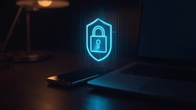 Laptop and PC screen glowing with a digital privacy shield, representing the best privacy-focused AI browsers for small business security.