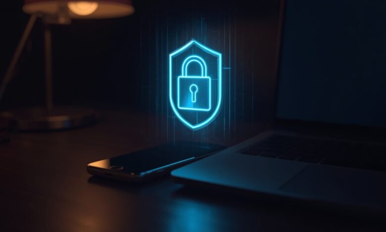 Laptop and PC screen glowing with a digital privacy shield, representing the best privacy-focused AI browsers for small business security.