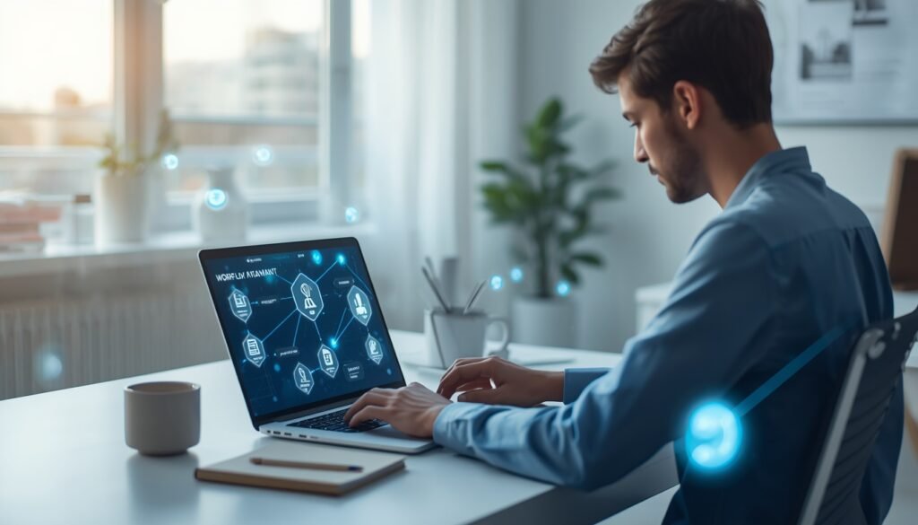 Modern home office desk with a laptop displaying small business automation workflows and AI digital task icons.